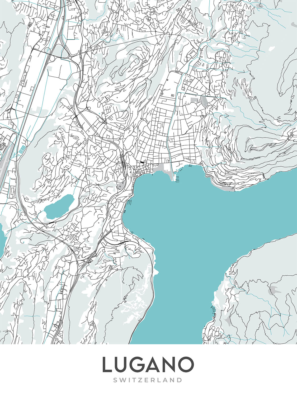 Mapa moderno de la ciudad de Lugano, Suiza: Lago de Lugano, Monte Brè, Monte San Salvatore, Swissminiatur, Catedral de San Lorenzo