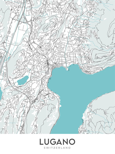 Mapa moderno de la ciudad de Lugano, Suiza: Lago de Lugano, Monte Brè, Monte San Salvatore, Swissminiatur, Catedral de San Lorenzo