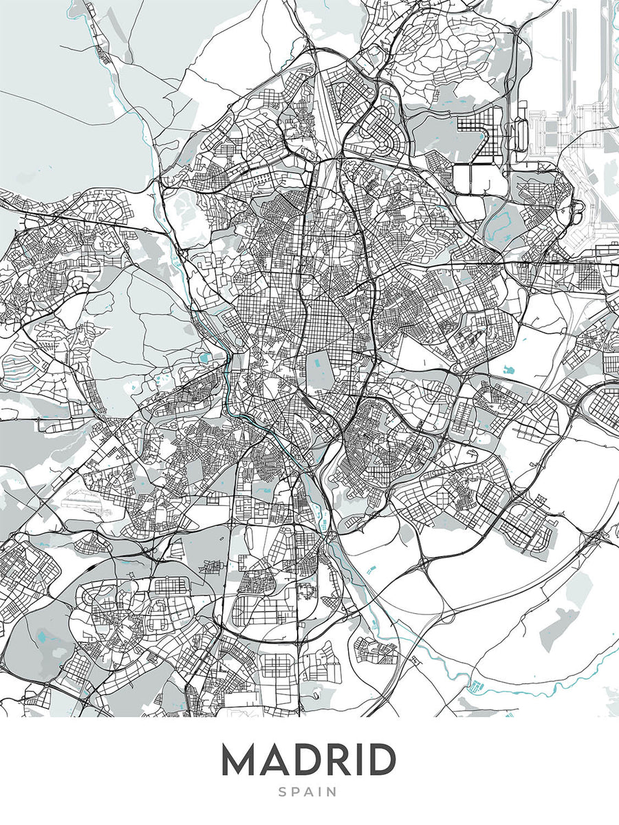Mapa moderno de la ciudad de Madrid, España: Palacio Real, Prado, Retiro, Gran Vía, Casa de Campo
