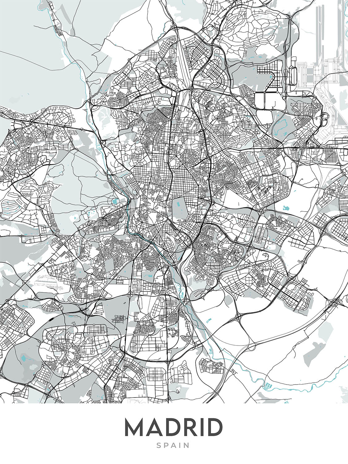 Mapa moderno de la ciudad de Madrid, España: Palacio Real, Prado, Retiro, Gran Vía, Casa de Campo