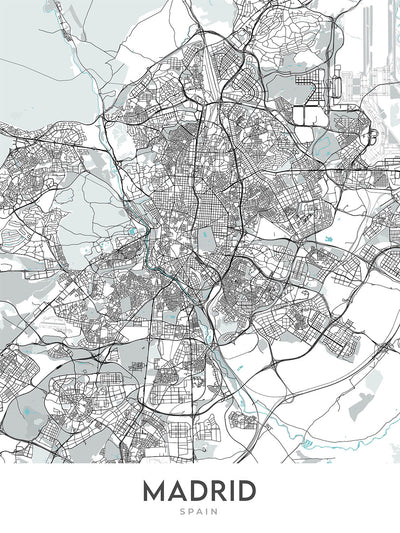 Mapa moderno de la ciudad de Madrid, España: Palacio Real, Prado, Retiro, Gran Vía, Casa de Campo