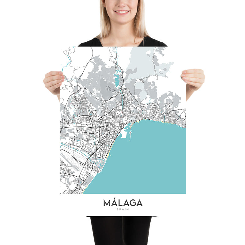 Modern City Map of Málaga, Spain: Cathedral, Roman Theatre, Gibralfaro Castle, Historic District, Modern Business District