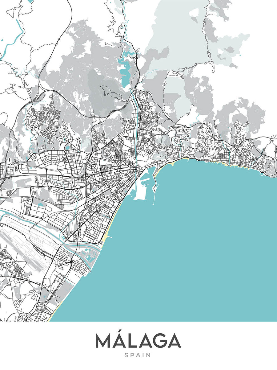 Mapa moderno de la ciudad de Málaga, España: Catedral, Teatro Romano, Castillo de Gibralfaro, Distrito histórico, Distrito comercial moderno