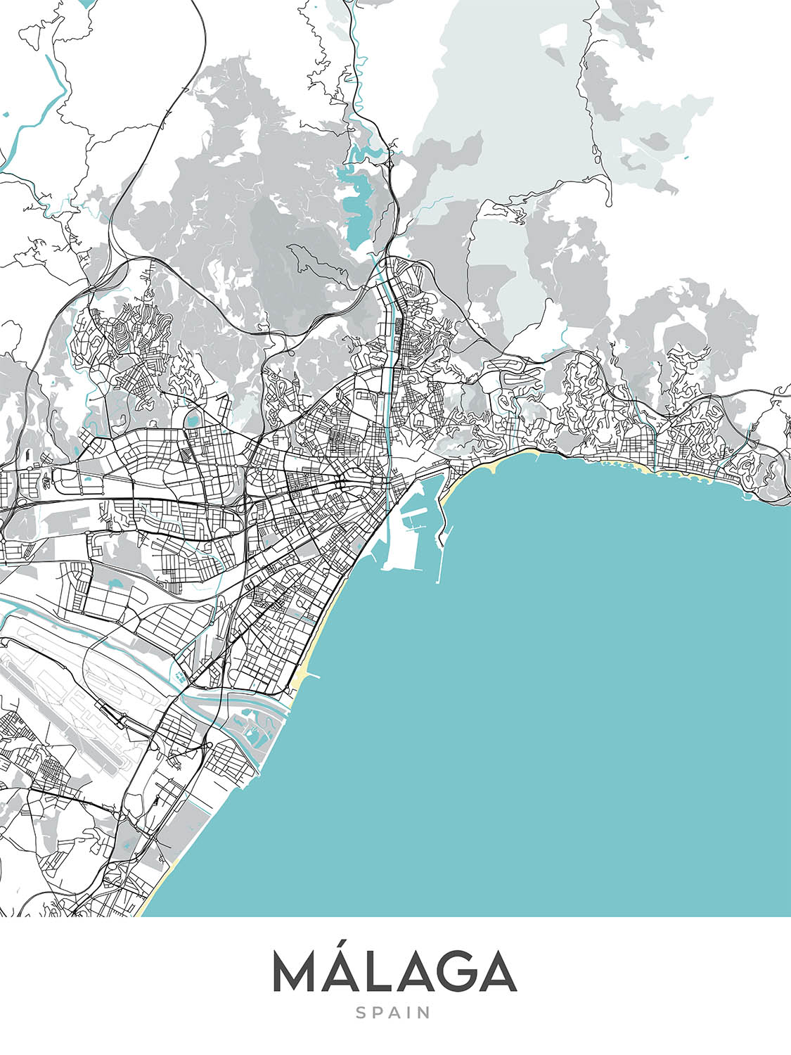 Modern City Map of Málaga, Spain: Cathedral, Roman Theatre, Gibralfaro Castle, Historic District, Modern Business District
