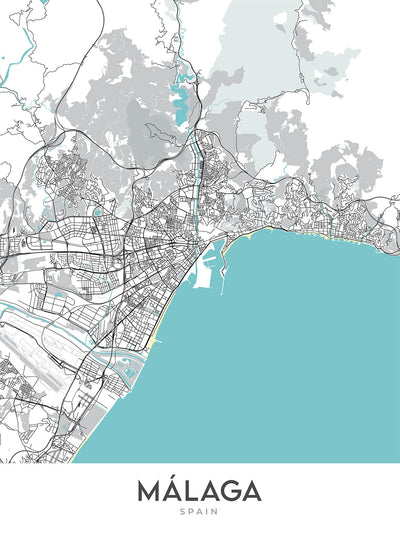 Modern City Map of Málaga, Spain: Cathedral, Roman Theatre, Gibralfaro Castle, Historic District, Modern Business District
