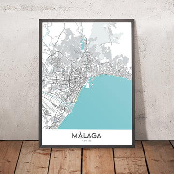 Mappa della città moderna di Málaga, Spagna: Cattedrale, Teatro Romano, Castello di Gibralfaro, Quartiere Storico, Quartiere degli Affari Moderno 