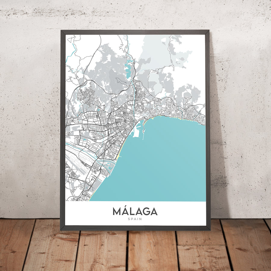 Mapa moderno de la ciudad de Málaga, España: Catedral, Teatro Romano, Castillo de Gibralfaro, Distrito histórico, Distrito comercial moderno