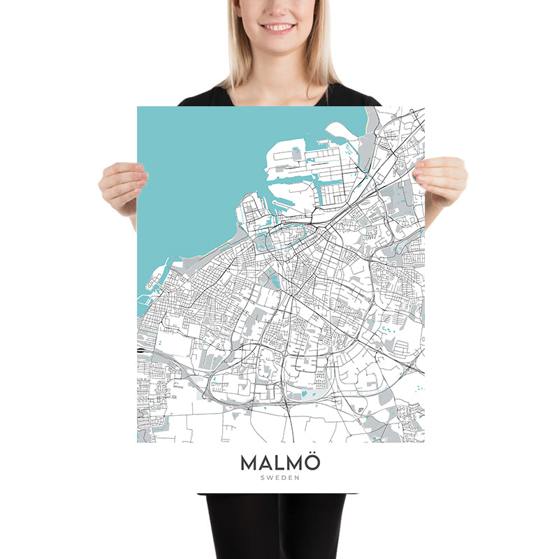 Moderne Stadtkarte von Malmö, Schweden: Västra Innerstaden, Östra Innerstaden, Möllevången, Gamla Staden, E20 