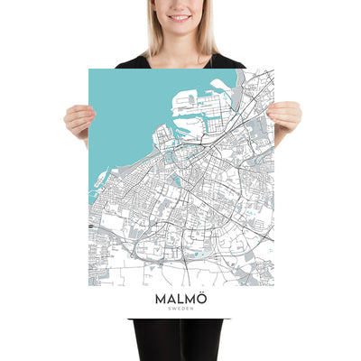 Moderne Stadtkarte von Malmö, Schweden: Västra Innerstaden, Östra Innerstaden, Möllevången, Gamla Staden, E20 