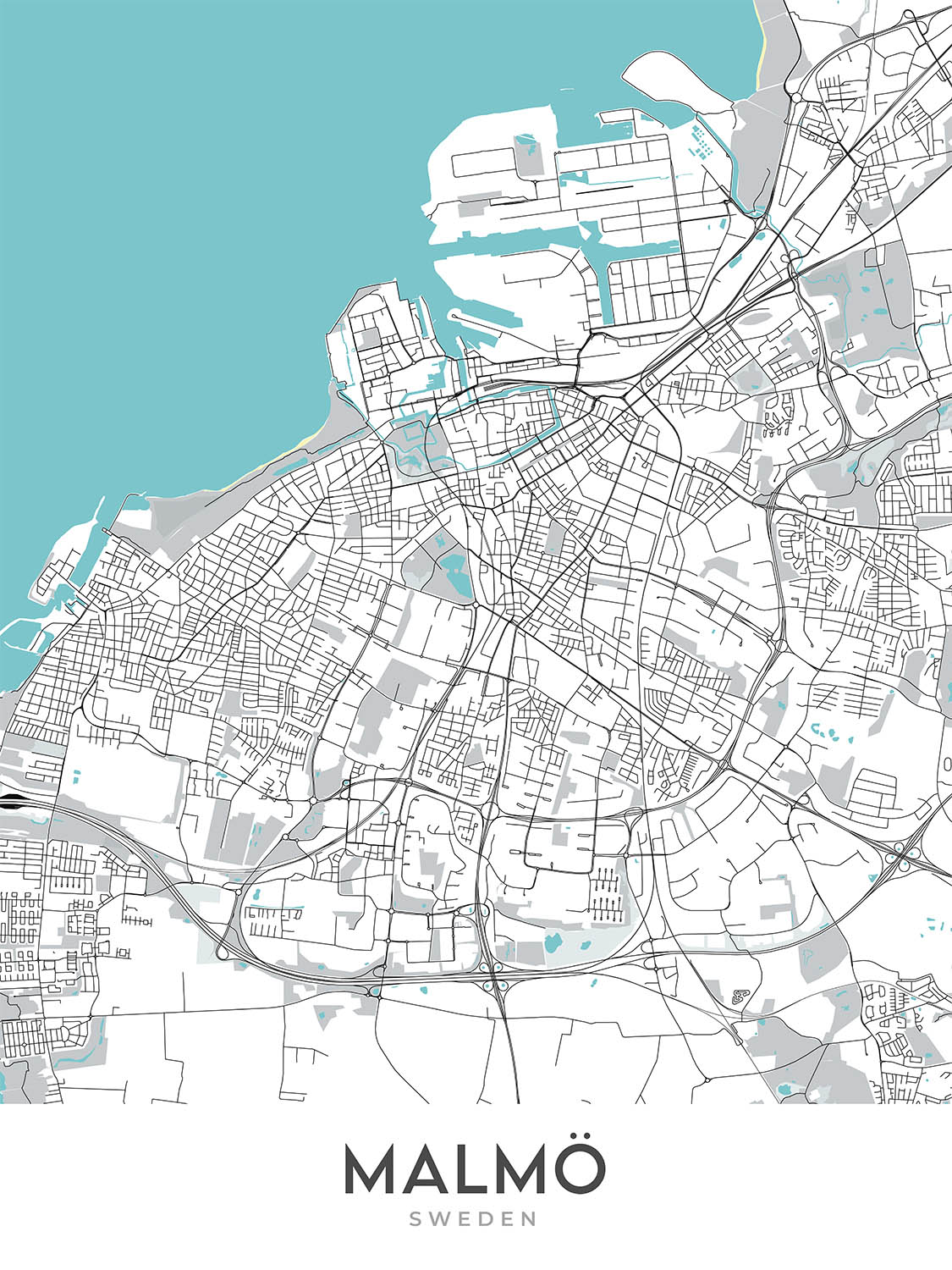 Moderne Stadtkarte von Malmö, Schweden: Västra Innerstaden, Östra Innerstaden, Möllevången, Gamla Staden, E20 