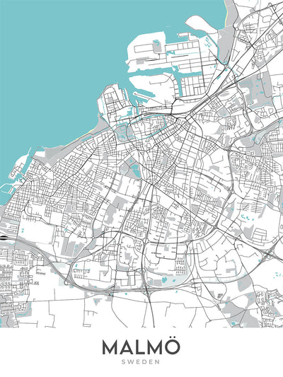 Moderne Stadtkarte von Malmö, Schweden: Västra Innerstaden, Östra Innerstaden, Möllevången, Gamla Staden, E20 