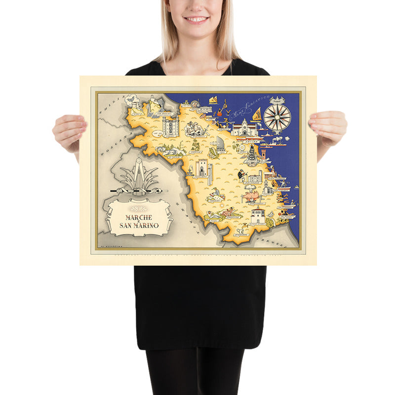 Old Pictorial Map of Le Marche & San Marino by De Agostini, 1938: Ancona, San Marino, Monti Sibillini, Monte Conero, Basilica di San Ciriaco
