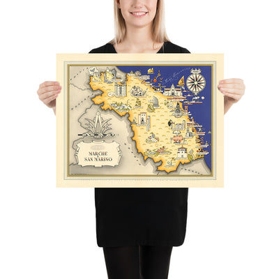 Old Pictorial Map of Le Marche & San Marino by De Agostini, 1938: Ancona, San Marino, Monti Sibillini, Monte Conero, Basilica di San Ciriaco