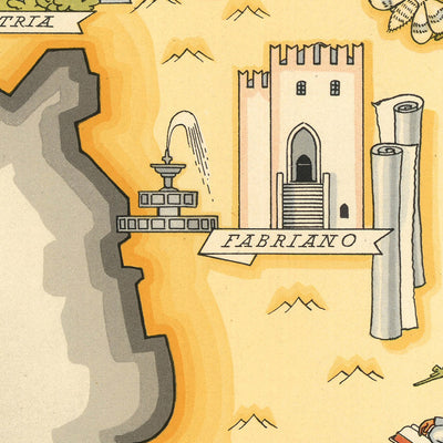 Old Pictorial Map of Le Marche & San Marino by De Agostini, 1938: Ancona, San Marino, Monti Sibillini, Monte Conero, Basilica di San Ciriaco