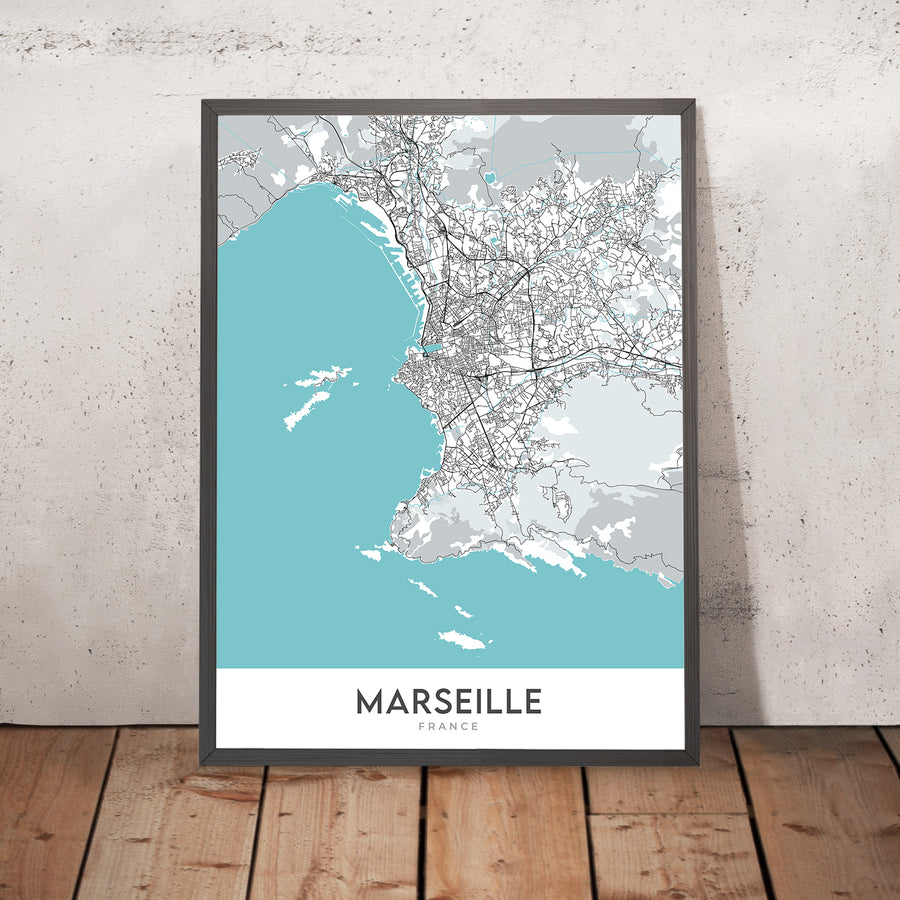 Mapa moderno de la ciudad de Marsella, Francia: Panier, Corniche, Stade Vélodrome, Palais Longchamp, Calanques