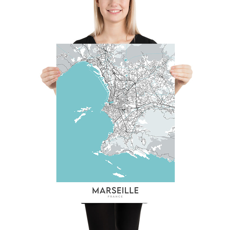 Mapa moderno de la ciudad de Marsella, Francia: Panier, Corniche, Stade Vélodrome, Palais Longchamp, Calanques