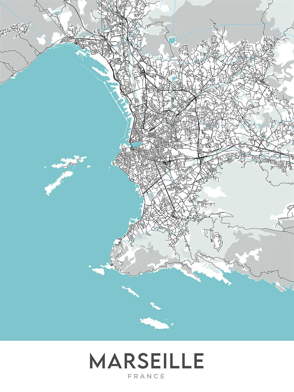 Modern City Map of Marseille, France: Panier, Corniche, Stade Vélodrome, Palais Longchamp, Calanques