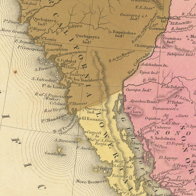 Mapa antiguo de México, Guatemala, Texas, California por H.S. Tanner, 1839: Ciudad de México, Puebla, Los Ángeles, San Francisco, Austin, Houston