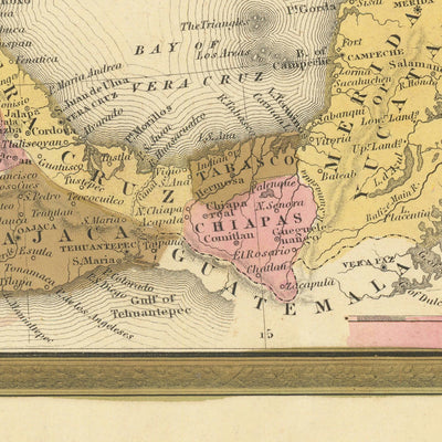 Mapa antiguo de México, Guatemala, Texas, California por H.S. Tanner, 1839: Ciudad de México, Puebla, Los Ángeles, San Francisco, Austin, Houston