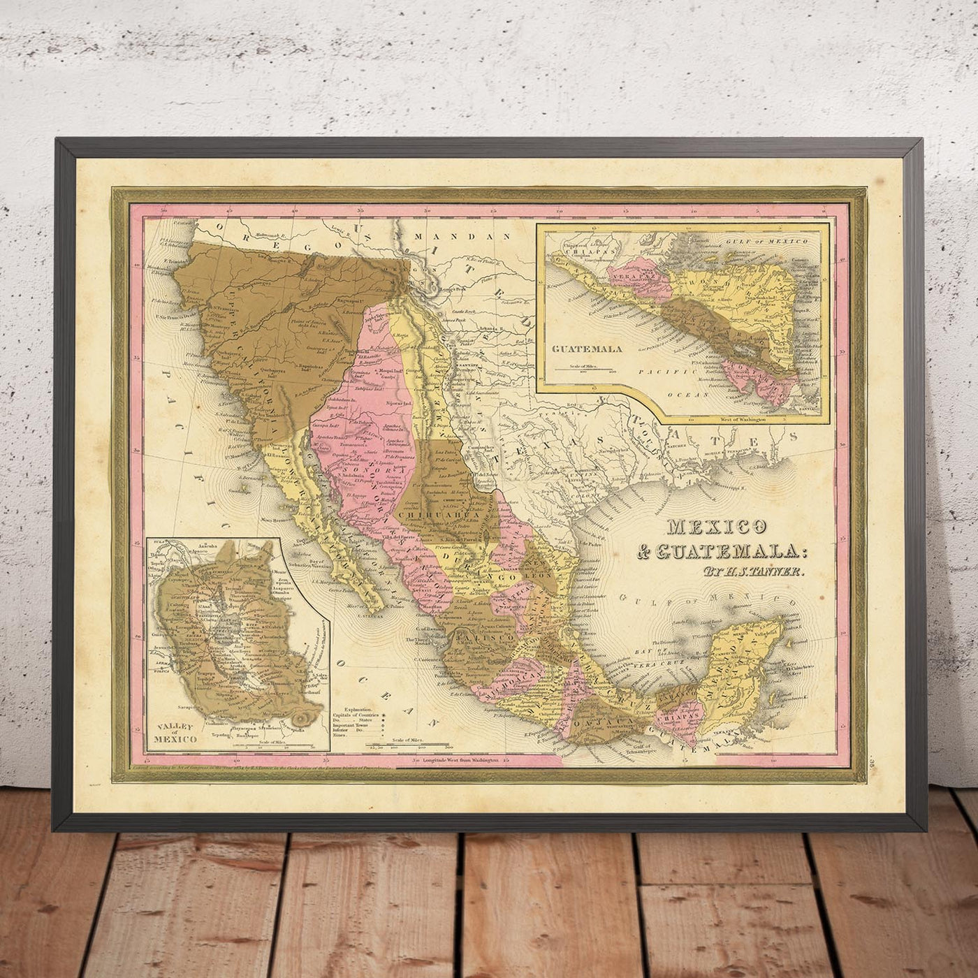 Mapa antiguo de México, Guatemala, Texas, California por H.S. Tanner, 1839: Ciudad de México, Puebla, Los Ángeles, San Francisco, Austin, Houston