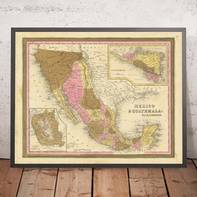 Mapa antiguo de México, Guatemala, Texas, California por H.S. Tanner, 1839: Ciudad de México, Puebla, Los Ángeles, San Francisco, Austin, Houston