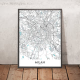 Mapa moderno de la ciudad de Milán, Italia: Duomo, Galleria, Castello, Navigli, Brera