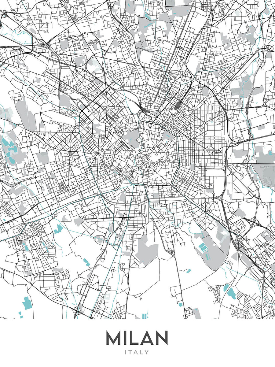 Plan de la ville moderne de Milan, Italie : Duomo, Galleria, Castello, Navigli, Brera