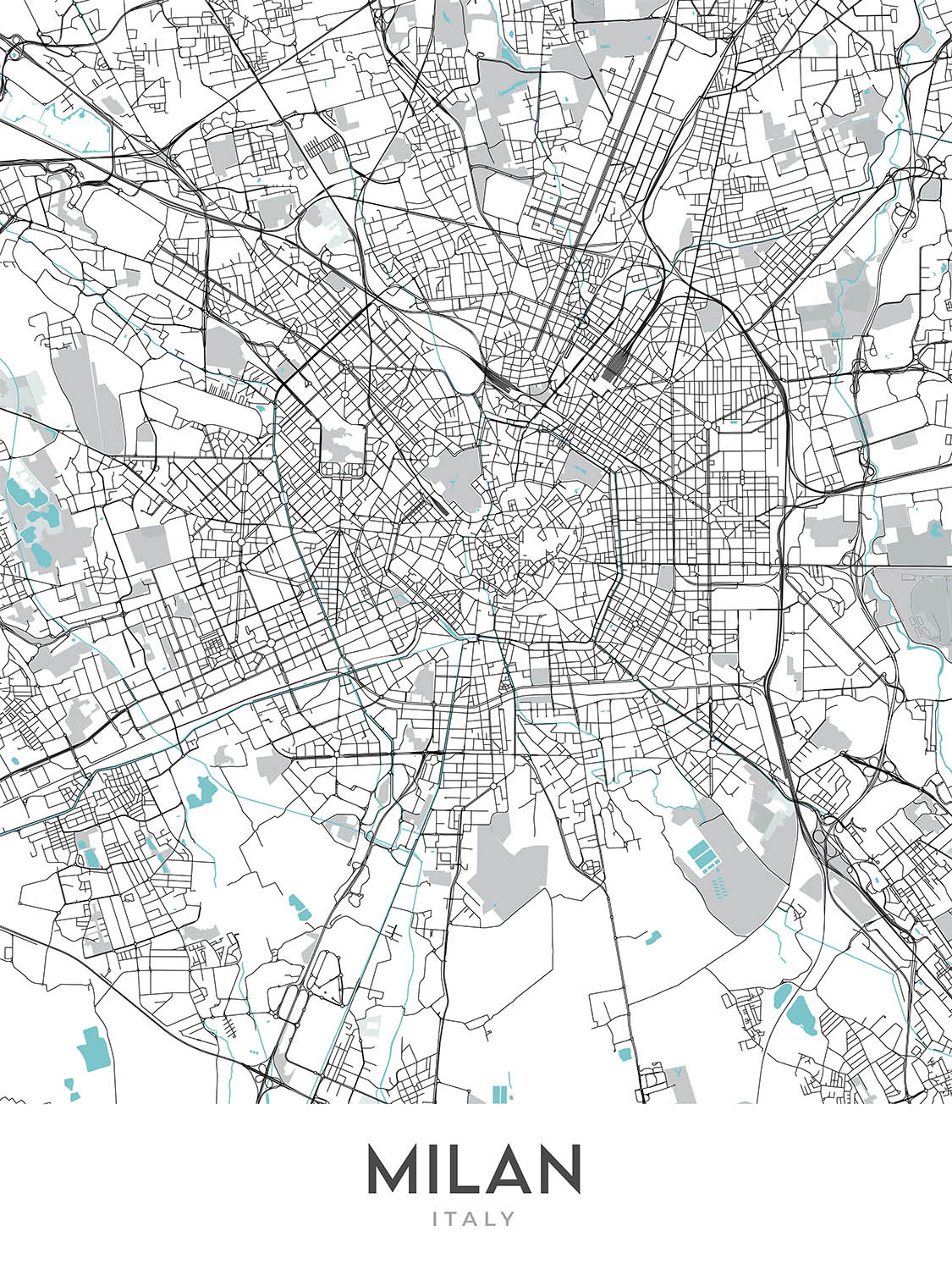 Mapa moderno de la ciudad de Milán, Italia: Duomo, Galleria, Castello, Navigli, Brera