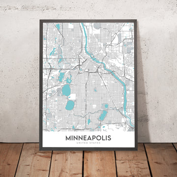 Moderne Stadtkarte von Minneapolis, MN: U of M, TCF Bank Stadion, Walker Art Center, Nicollet Mall, Mississippi River 