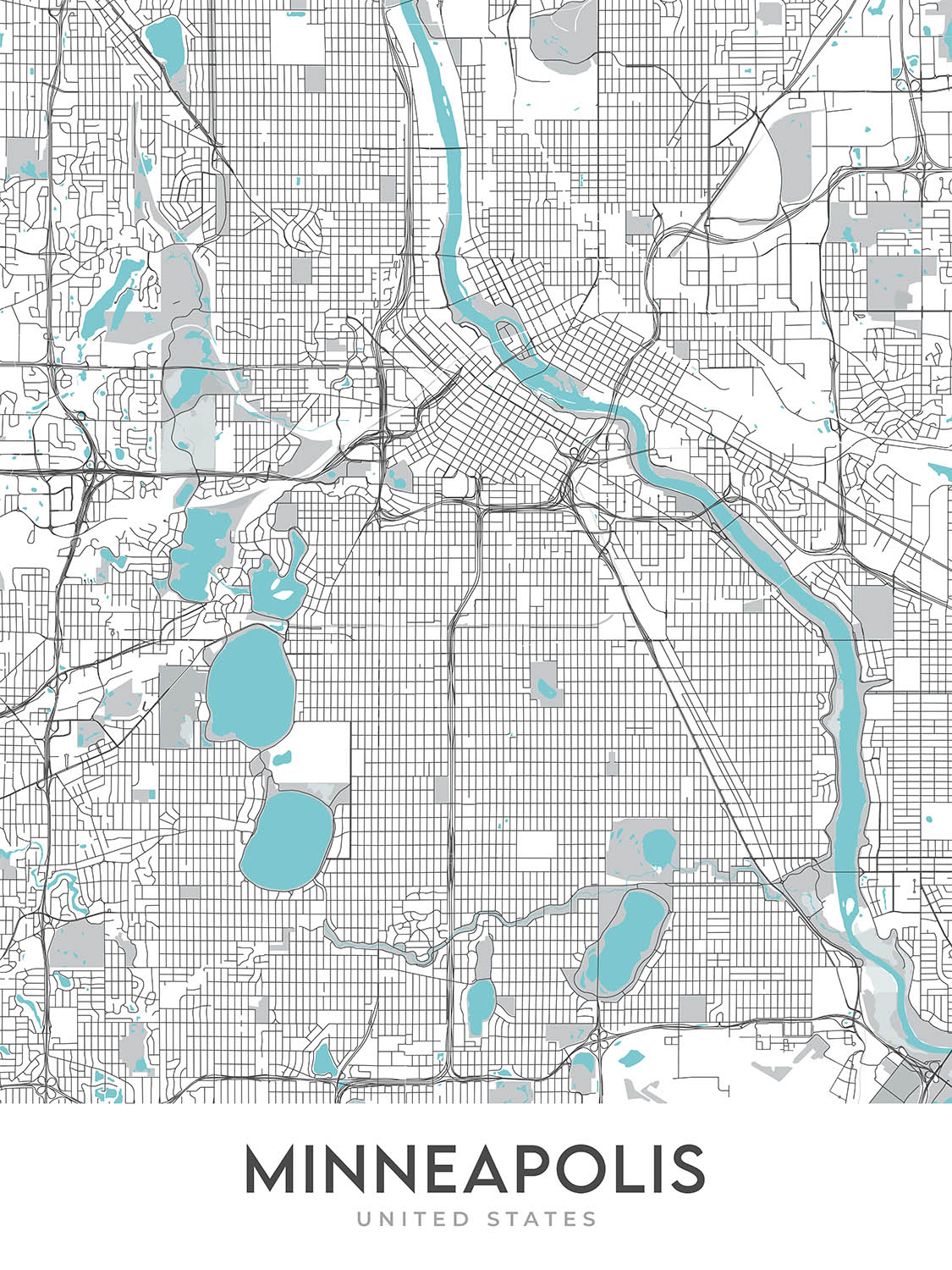 Plan de la ville moderne de Minneapolis, MN : U of M, TCF Bank Stadium, Walker Art Center, Nicollet Mall, Mississippi River