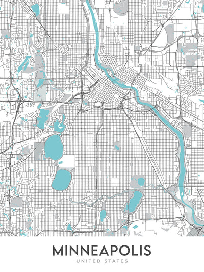 Plan de la ville moderne de Minneapolis, MN : U of M, TCF Bank Stadium, Walker Art Center, Nicollet Mall, Mississippi River