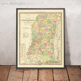 Old Map of Mississippi by H.S. Tanner, 1836: Jackson, Gulfport, Southaven, Biloxi, Tupelo, Roads, Railway, Canals