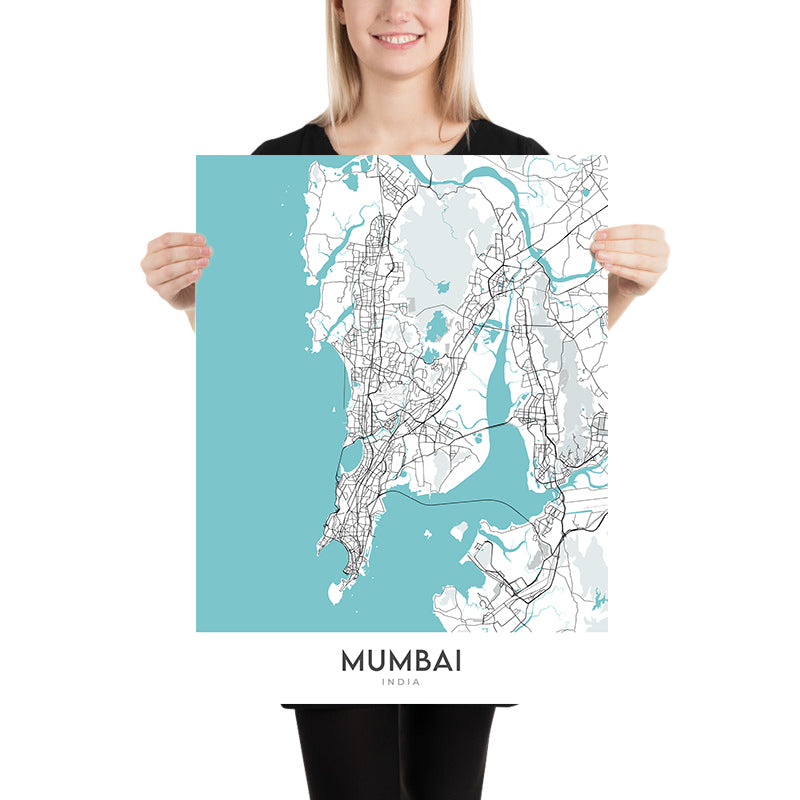 Modern City Map of Mumbai, India: Colaba, Marine Drive, Bandra-Worli Sea Link, Juhu Beach, Powai Lake