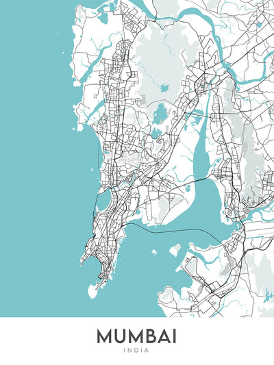 Modern City Map of Mumbai, India: Colaba, Marine Drive, Bandra-Worli Sea Link, Juhu Beach, Powai Lake
