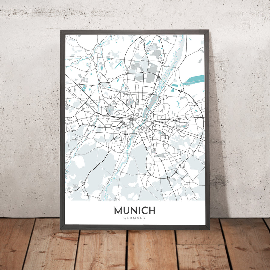 Plan de la ville moderne de Munich, Allemagne : Altstadt, Marienplatz, Englischer Garten, Allianz Arena, rivière Isar