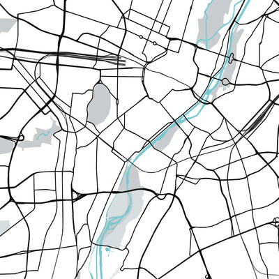 Plan de la ville moderne de Munich, Allemagne : Altstadt, Marienplatz, Englischer Garten, Allianz Arena, rivière Isar