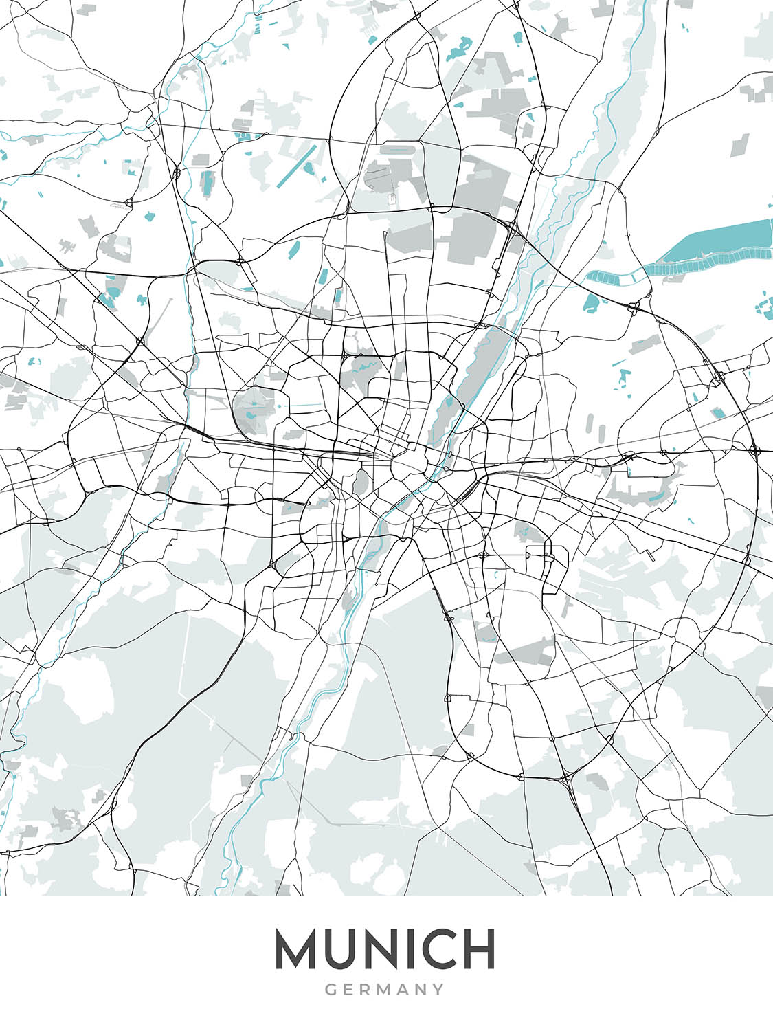 Plan de la ville moderne de Munich, Allemagne : Altstadt, Marienplatz, Englischer Garten, Allianz Arena, rivière Isar