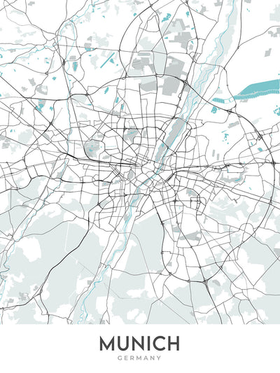 Plan de la ville moderne de Munich, Allemagne : Altstadt, Marienplatz, Englischer Garten, Allianz Arena, rivière Isar