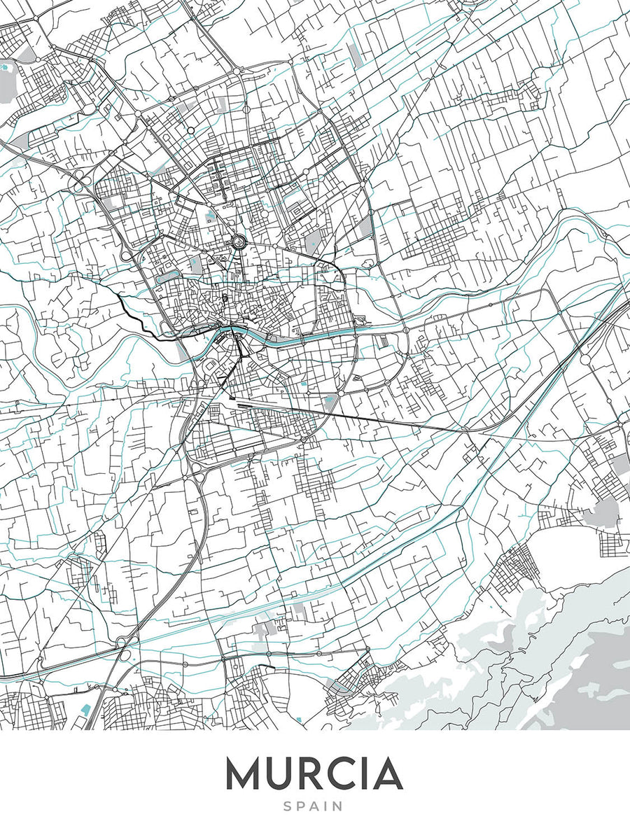 Plan de la ville moderne de Murcie, Espagne : cathédrale, casino, théâtre, place, rues