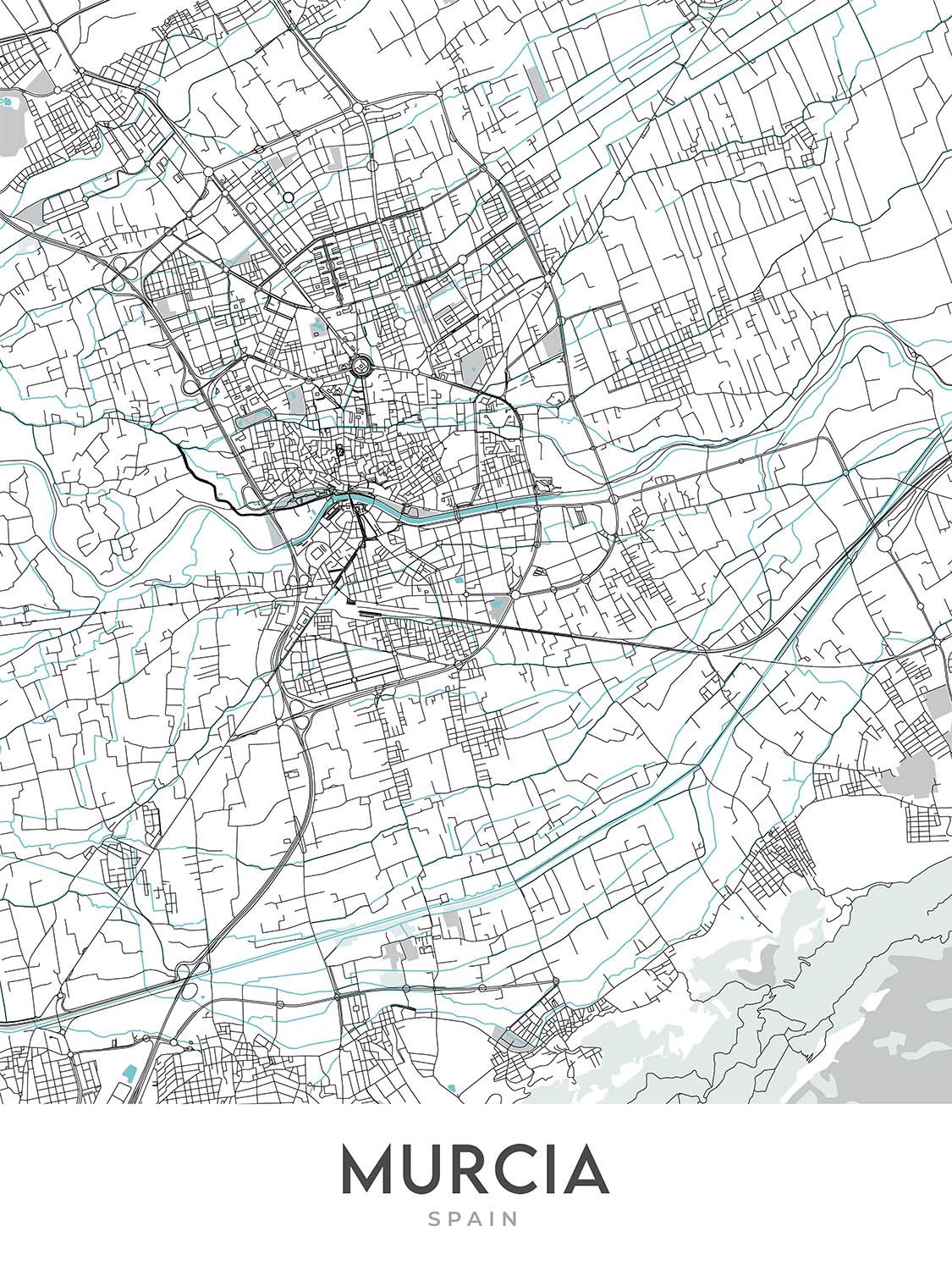 Mapa moderno de la ciudad de Murcia, España: catedral, casino, teatro, plaza, calles