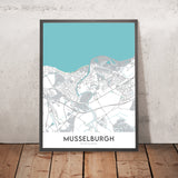 Mapa moderno de la ciudad de Musselburgh, Escocia: Puerto de Fisherrow, Río Esk, Hipódromo, Pinkie, A199 