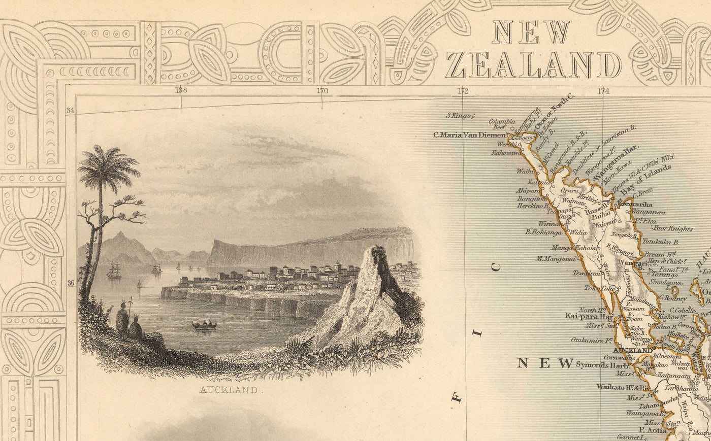 Ancienne carte de la Nouvelle-Zélande en 1851 par Tallis et Rapkin - Auckland, Tauranga, Christchurch, Wellington, New Plymouth