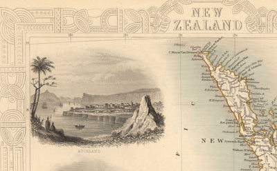 Ancienne carte de la Nouvelle-Zélande en 1851 par Tallis et Rapkin - Auckland, Tauranga, Christchurch, Wellington, New Plymouth