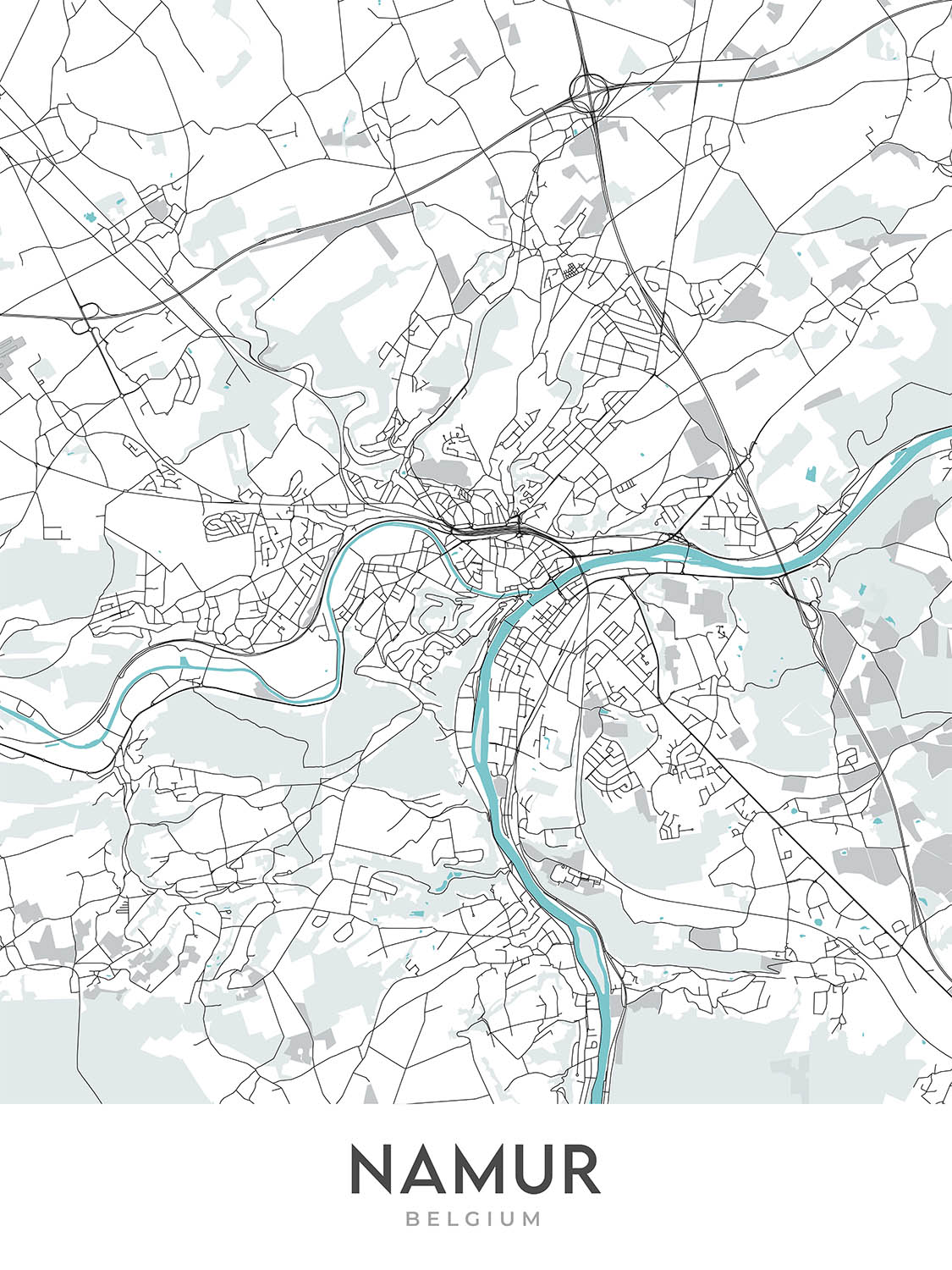 Plan de la ville moderne de Namur, Belgique : Citadelle, Cathédrale, Saint Aubain, Saint Loup, Saint Jean-Baptiste