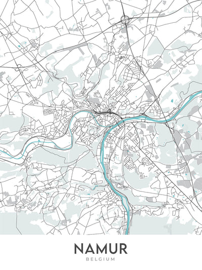 Plan de la ville moderne de Namur, Belgique : Citadelle, Cathédrale, Saint Aubain, Saint Loup, Saint Jean-Baptiste