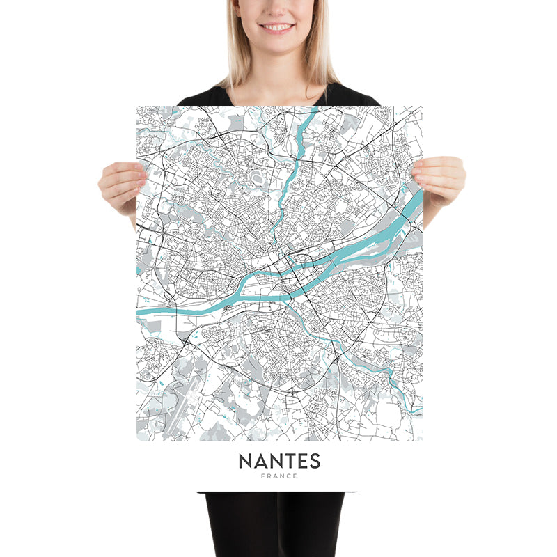 Mapa moderno de la ciudad de Nantes, Francia: Centre-ville, Château, Cathédrale, Île de Nantes, Machines