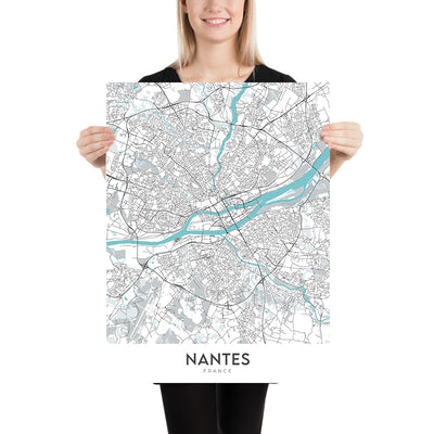 Mapa moderno de la ciudad de Nantes, Francia: Centre-ville, Château, Cathédrale, Île de Nantes, Machines