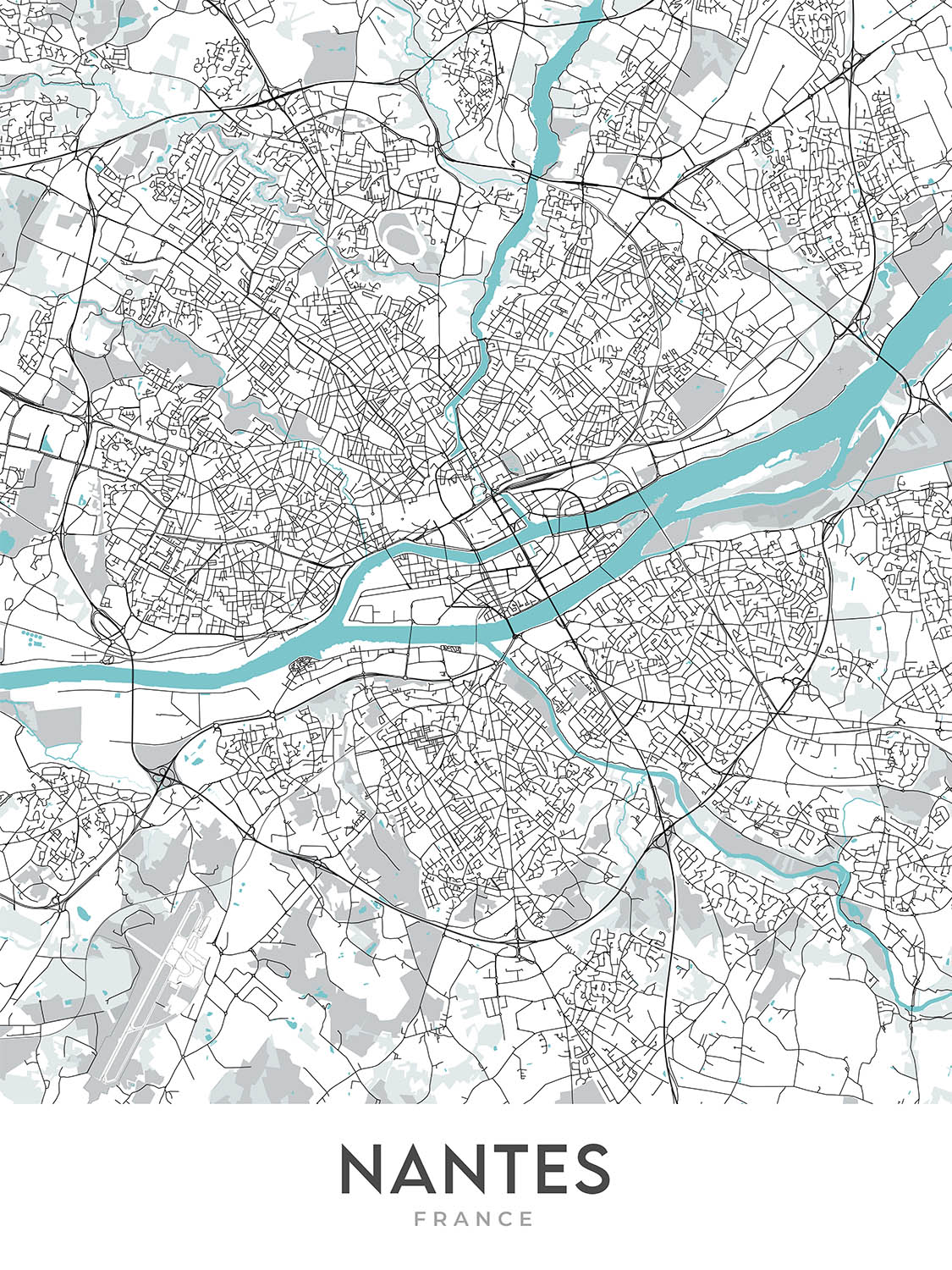 Mapa moderno de la ciudad de Nantes, Francia: Centre-ville, Château, Cathédrale, Île de Nantes, Machines