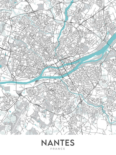 Mapa moderno de la ciudad de Nantes, Francia: Centre-ville, Château, Cathédrale, Île de Nantes, Machines