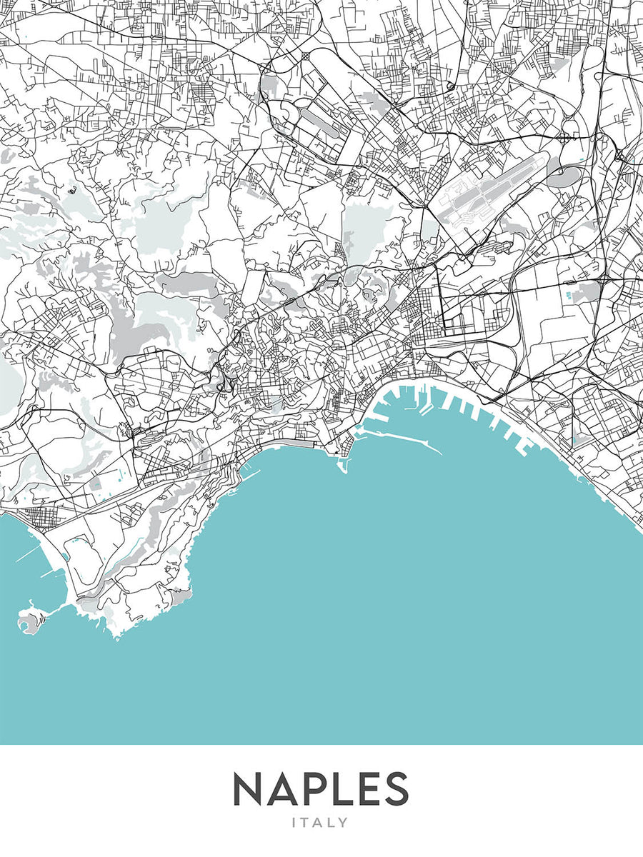 Plan de la ville moderne de Naples, Italie : Chiaia, Castel Nuovo, Galleria Umberto I, Posillipo, Théâtre San Carlo